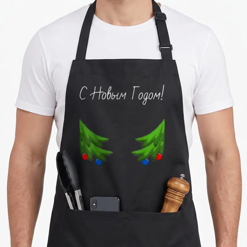 Tablier de cuisine noir avec deux arbres de Noël verts et une inscription en alphabet cyrillique blanc au centre.