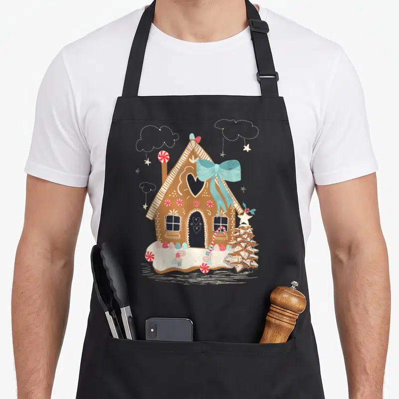 Tablier de cuisine noir avec une maison en pain d'épice décorée d'un nœud bleu et de bonbons colorés.