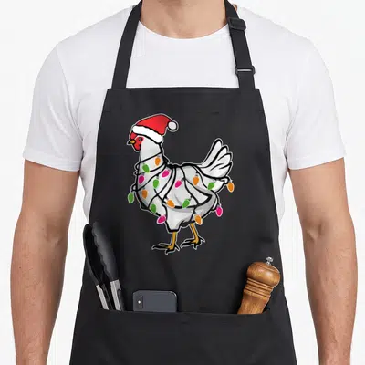 Tablier de cuisine noir avec un poulet blanc coiffé d'un bonnet rouge et enroulé dans des guirlandes colorées.