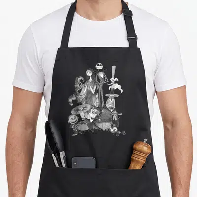 Tablier de cuisine noir avec illustration groupée de Jack Skellington, Sally et divers personnages macabres en style dessin au trait.