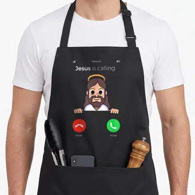 Tablier de cuisine noir avec illustration d'un appel de Jésus et boutons verts et rouges.