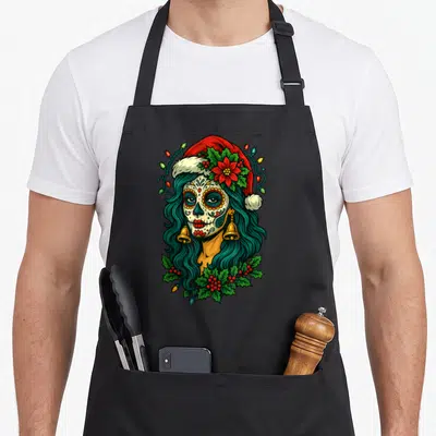 Tablier de cuisine noir avec illustration d'une femme au crâne décoré portant un bonnet de Père Noël et des clochettes dorées.