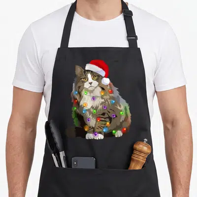 Tablier de cuisine noir avec illustration d'un chat de forêt norvégien portant un bonnet de Père Noël et des lumières colorées.