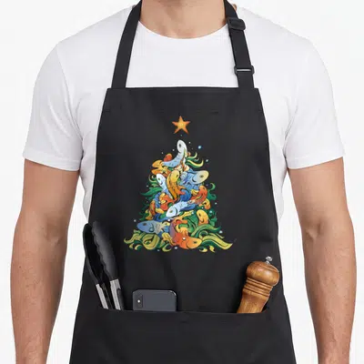 Tablier de cuisine noir avec un sapin de Noël composé de poissons colorés et d'une étoile orange en haut.