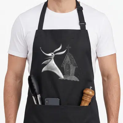 Tablier de cuisine noir avec illustration de Zero chien fantôme blanc et maison gothique en dessin au trait fin.