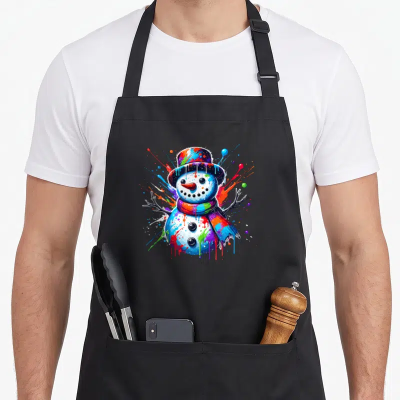 Tablier de cuisine noir avec illustration d'un bonhomme de neige aux couleurs vives et effet de peinture qui coule.