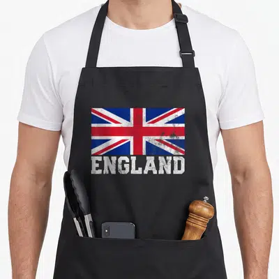 Tablier de cuisine noir avec drapeau anglais Union Jack et le mot England en blanc usé