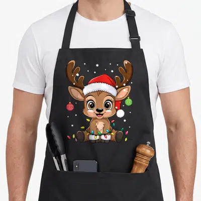 Tablier de cuisine noir avec un renne mignon en dessin animé portant un bonnet de Père Noël et une guirlande lumineuse.