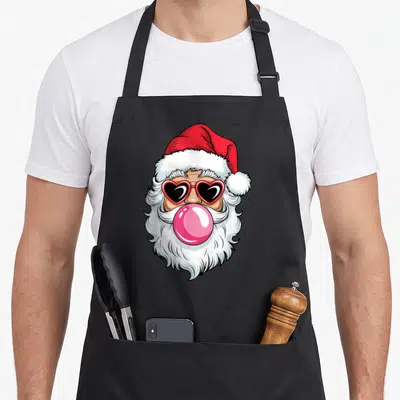 Tablier de cuisine noir avec illustration d'un Père Santa cool aux lunettes cœur et une bulle de gomme rose.