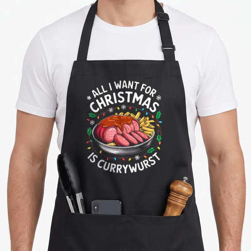 Tablier de cuisine noir avec illustration colorée d'un bol de currywurst et guirlandes festives.