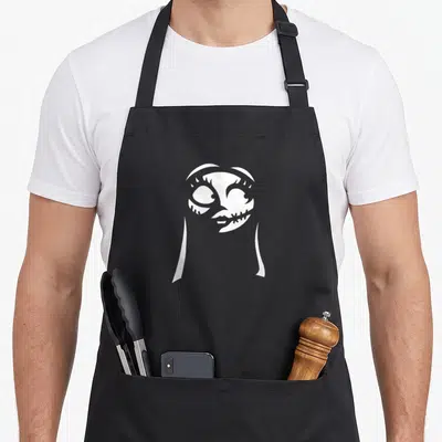 Tablier de cuisine noir avec le visage stylisé et cousu de Sally en blanc au centre.