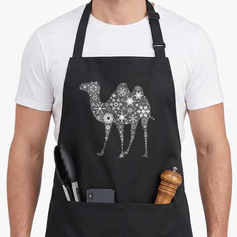 Tablier de cuisine noir avec un chameau stylisé composé de multiples motifs de flocons de neige blancs sur le devant.