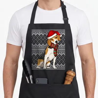 Tablier de cuisine noir avec illustration d'un beagle portant un bonnet de Père Noël et une écharpe à carreaux rouges et verts.