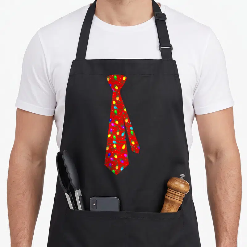 Tablier de cuisine noir avec une illustration de cravate rouge ornée de lumières d'arbre multicolores.