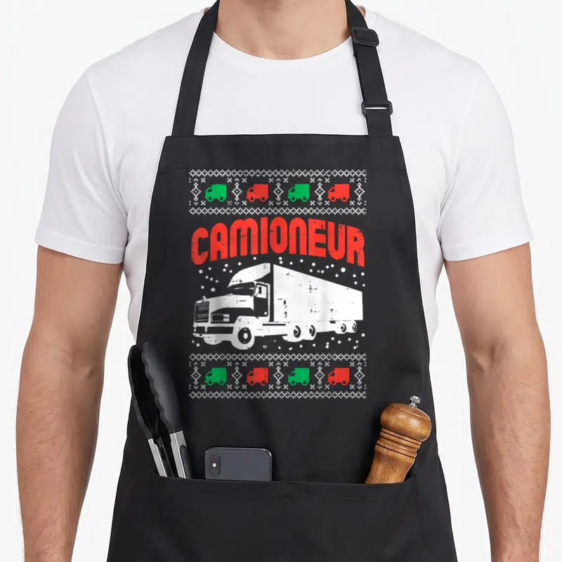 Tablier de cuisine noir avec illustration de camion blanc et texte Camioneur en rouge sur fond de neige stylisée.