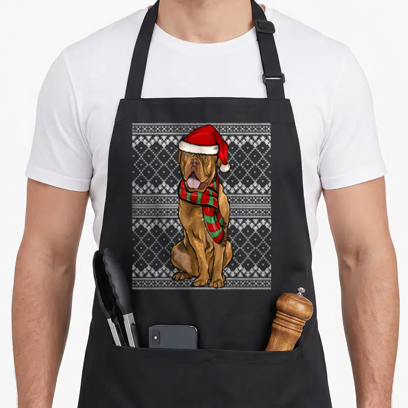 Tablier de cuisine noir avec illustration d'un chien marron portant un bonnet de Père Noël et une écharpe verte et rouge.