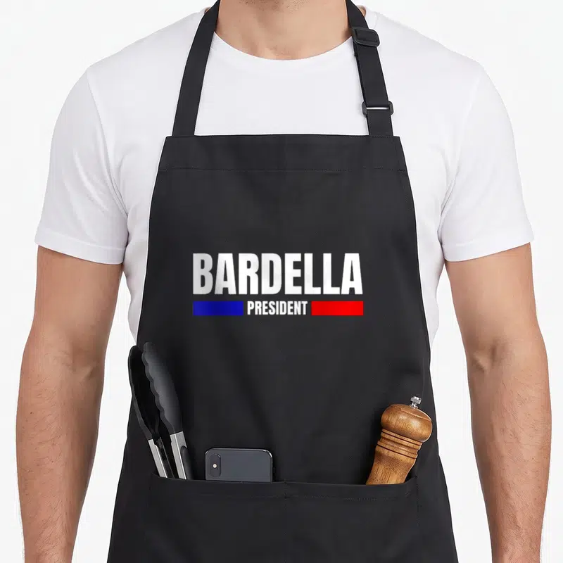 Tablier de cuisine noir avec inscription Bardella President et bandes bleue et rouge sur fond uni.