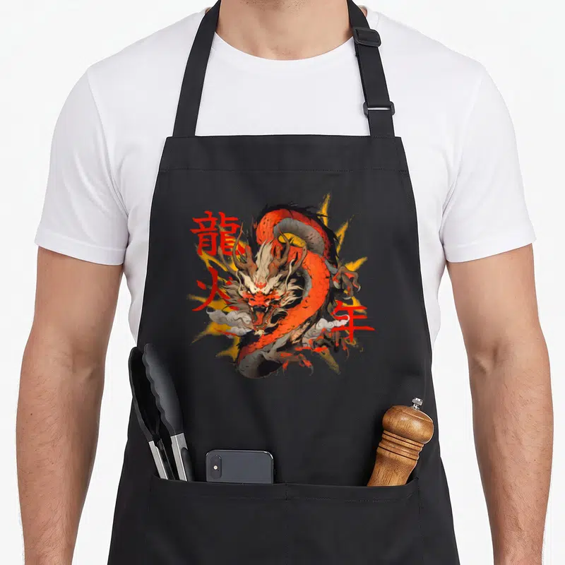 Tablier de cuisine noir avec un dragon rouge et des symboles chinois pour le nouvel an asiatique.
