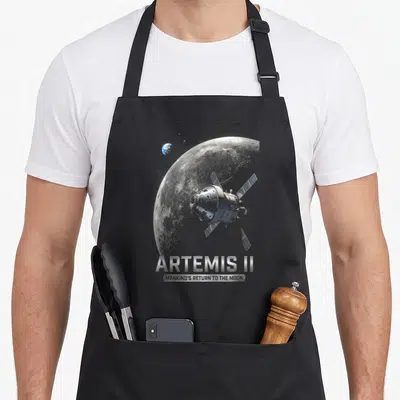 Tablier de cuisine noir avec illustration de la fusée Artemis II devant la Lune et le texte Artemis II en bas.