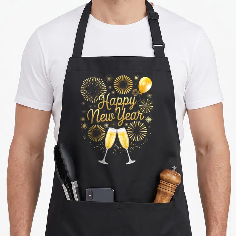 Tablier de cuisine noir avec inscription Happy New Year dorée, deux verres de champagne et motifs de feux d'artifice.