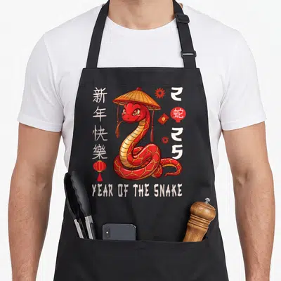 Tablier de cuisine noir avec un serpent rouge coiffé d'un chapeau conique et des symboles festifs.