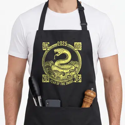 Tablier de cuisine noir avec illustration circulaire jaune représentant un serpent vintage entouré de vagues stylisées et le chiffre 2025.
