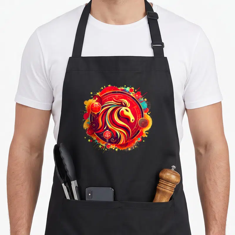 Tablier de cuisine noir avec illustration circulaire d'une tête de cheval aux couleurs vives et motifs festifs.