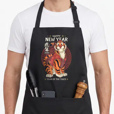 Tablier de cuisine noir avec un tigre cartoon en tenue rouge et les textes Happy New Year 2022.