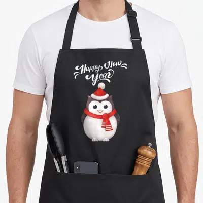 Tablier de cuisine noir avec un hibou en bonnet rouge et le texte Happy New Year imprimé en blanc.
