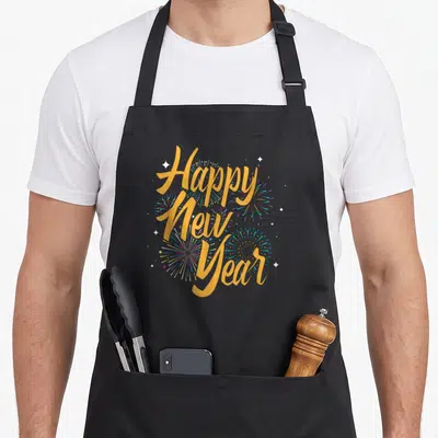 Tablier de cuisine noir avec inscription Happy New Year et illustrations de feux d'artifice multicolores sur fond sombre.
