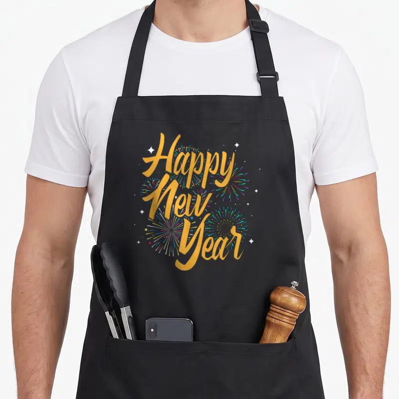 Tablier de cuisine noir avec inscription Happy New Year et illustrations de feux d'artifice multicolores sur fond sombre.