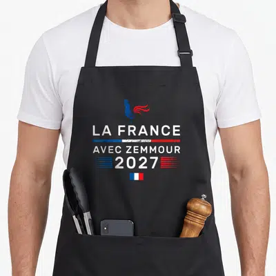 Tablier de cuisine noir avec un coq gaulois et le texte La France avec Zemmour 2027 en blanc, bleu et rouge.