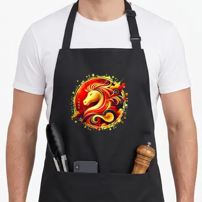 Tablier de cuisine noir avec illustration circulaire d'un cheval stylisé aux couleurs vives et étoiles dorées.