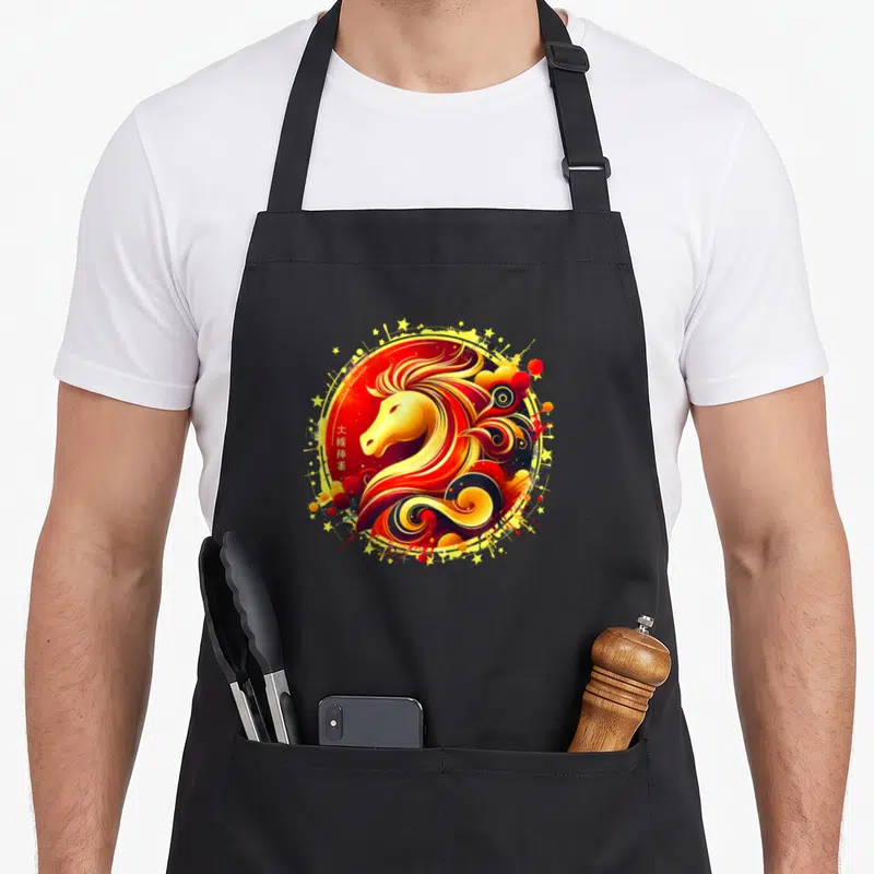 Tablier de cuisine noir avec illustration circulaire d'un cheval stylisé aux couleurs vives et étoiles dorées.