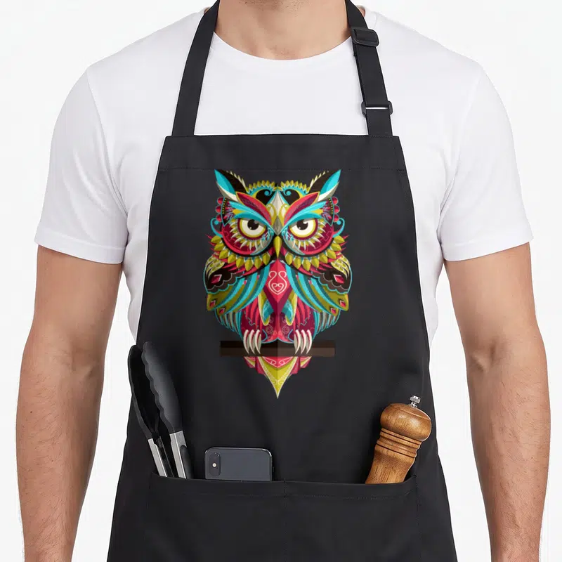 Tablier de cuisine noir avec un hibou graphique mignonne aux motifs tribaux colorés posé sur une branche.