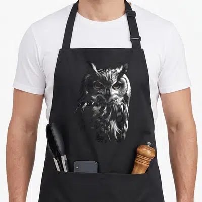 Tablier de cuisine noir avec une illustration détaillée d'une tête de chouette aux yeux perçants et plumes texturées en noir et blanc.