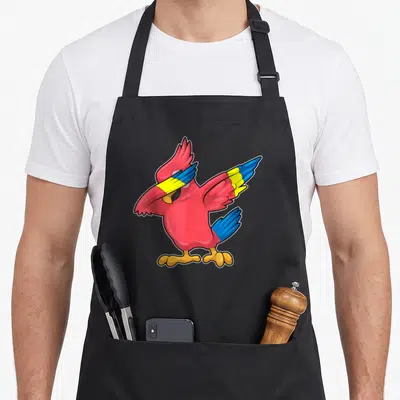 Tablier de cuisine noir avec un perroquet rose effectuant une pose de danse hip hop sur le devant.