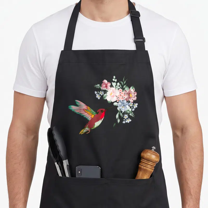 Tablier de cuisine noir avec un colibri aux ailes multicolores près d'un bouquet de fleurs roses et bleues style vintage.