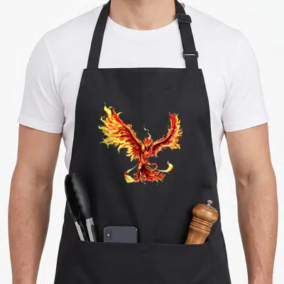 Tablier de cuisine noir avec un phénix enflammé aux ailes déployées et des couleurs vives orange et jaune.