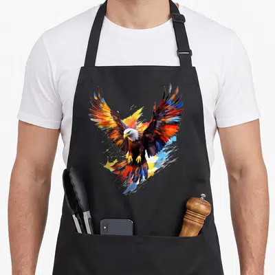 Tablier de cuisine noir avec un aigle aux ailes déployées en peinture abstraite multicolore et graphique.