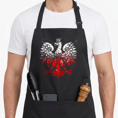 Tablier de cuisine noir avec aigle polonais blanc et rouge au style graffiti distinctif.