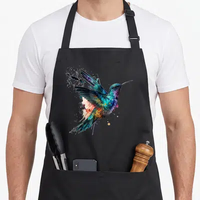 Tablier de cuisine noir avec un oiseau aux ailes décomposées en éclats de peinture multicolore.