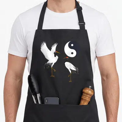 Tablier de cuisine noir avec deux grues blanches aux ailes déployées et un cercle Yin Yang noir et blanc au centre.