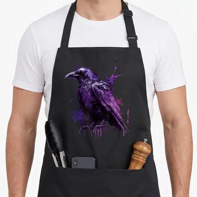 Tablier de cuisine noir avec corbeau violet stylisé et éclaboussures artistiques sur le devant.