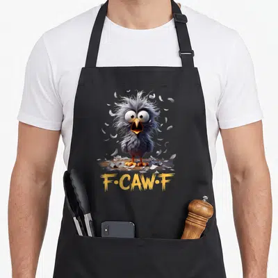 Tablier de cuisine noir avec un oiseau cartoon aux yeux écarquillés, des plumes dispersées et le texte F-Caw-F jaune.