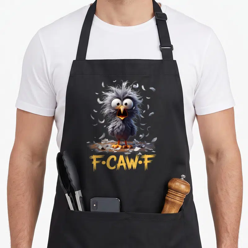 Tablier de cuisine noir avec un oiseau cartoon aux yeux écarquillés, des plumes dispersées et le texte F-Caw-F jaune.