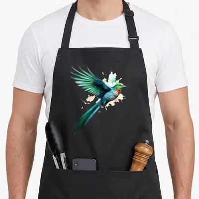 Tablier de cuisine noir avec un Quetzal aux ailes déployées et des touches d'aquarelle verte et orange.