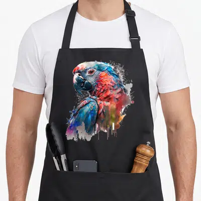 Tablier de cuisine noir avec illustration artistique d'un perroquet aux couleurs vives et plumes détaillées.