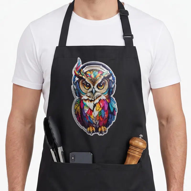 Tablier de cuisine noir avec illustration d'un hibou aux couleurs vives et des écouteurs bleus sur la tête.