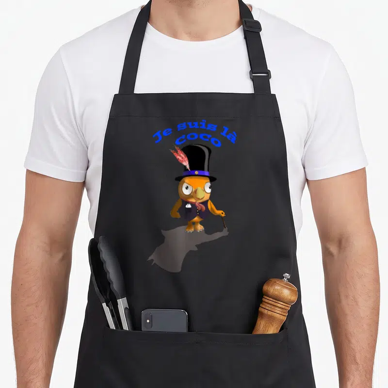 Tablier de cuisine noir avec un hibou en chapeau haut de forme tenant une canne et le texte Je suis là coco.